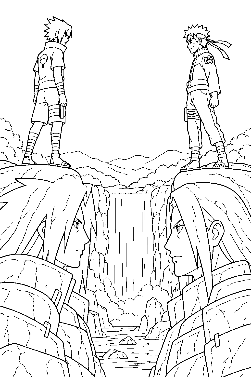 sasuke uchiha facing naruto on the statues above the valley of the end line art