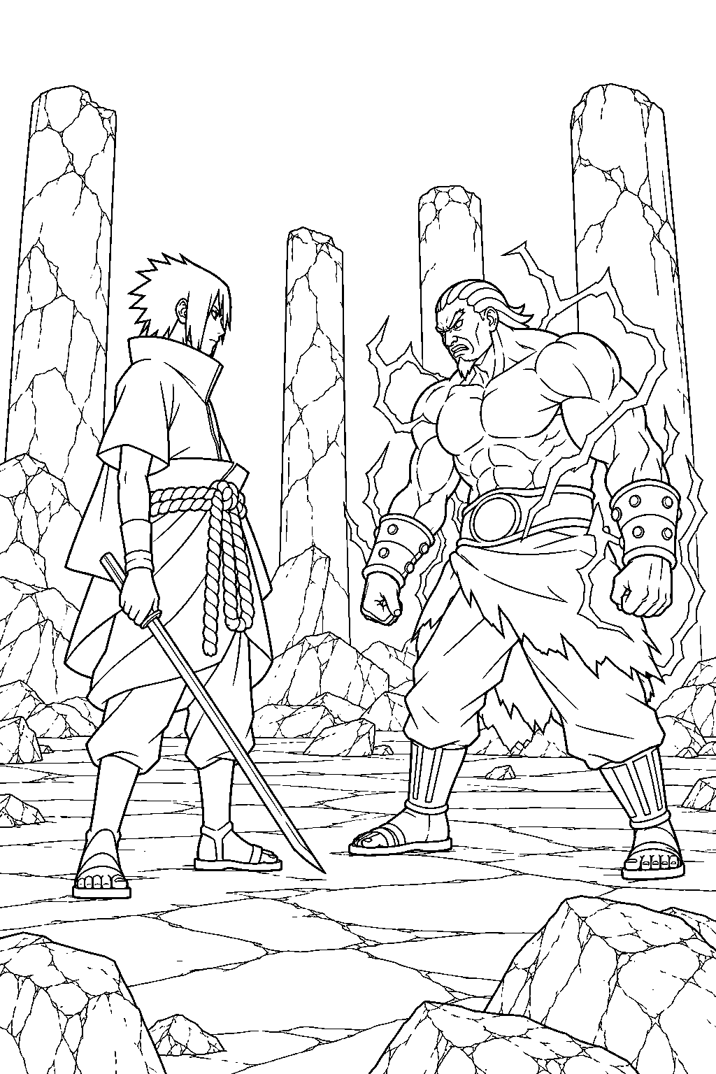 sasuke uchiha facing the raikage among the five kage summit pillars line art