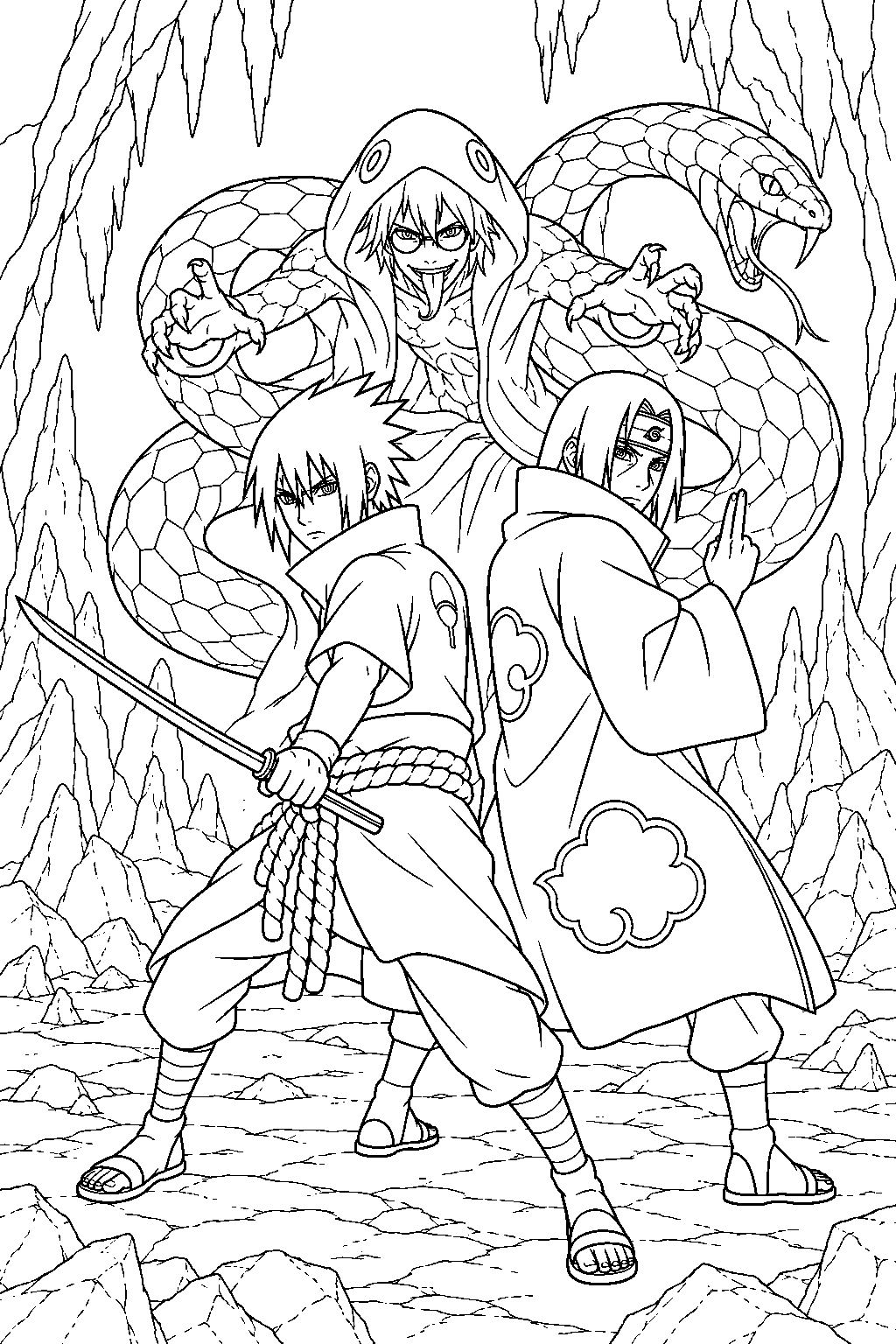 sasuke uchiha fighting alongside reanimated itachi against kabuto in the cave line art