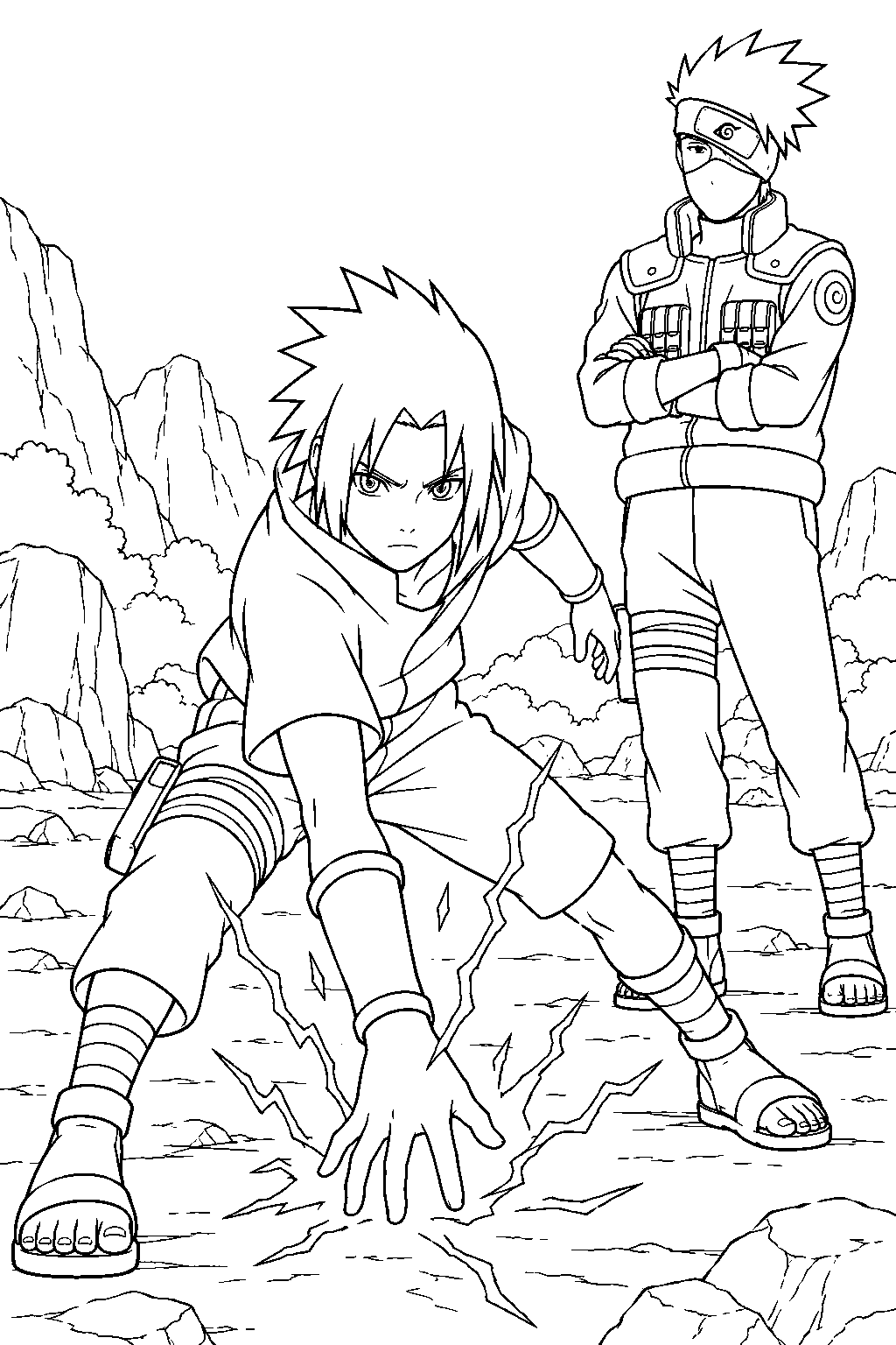 sasuke uchiha forming chidori during mountain training with kakashi line art