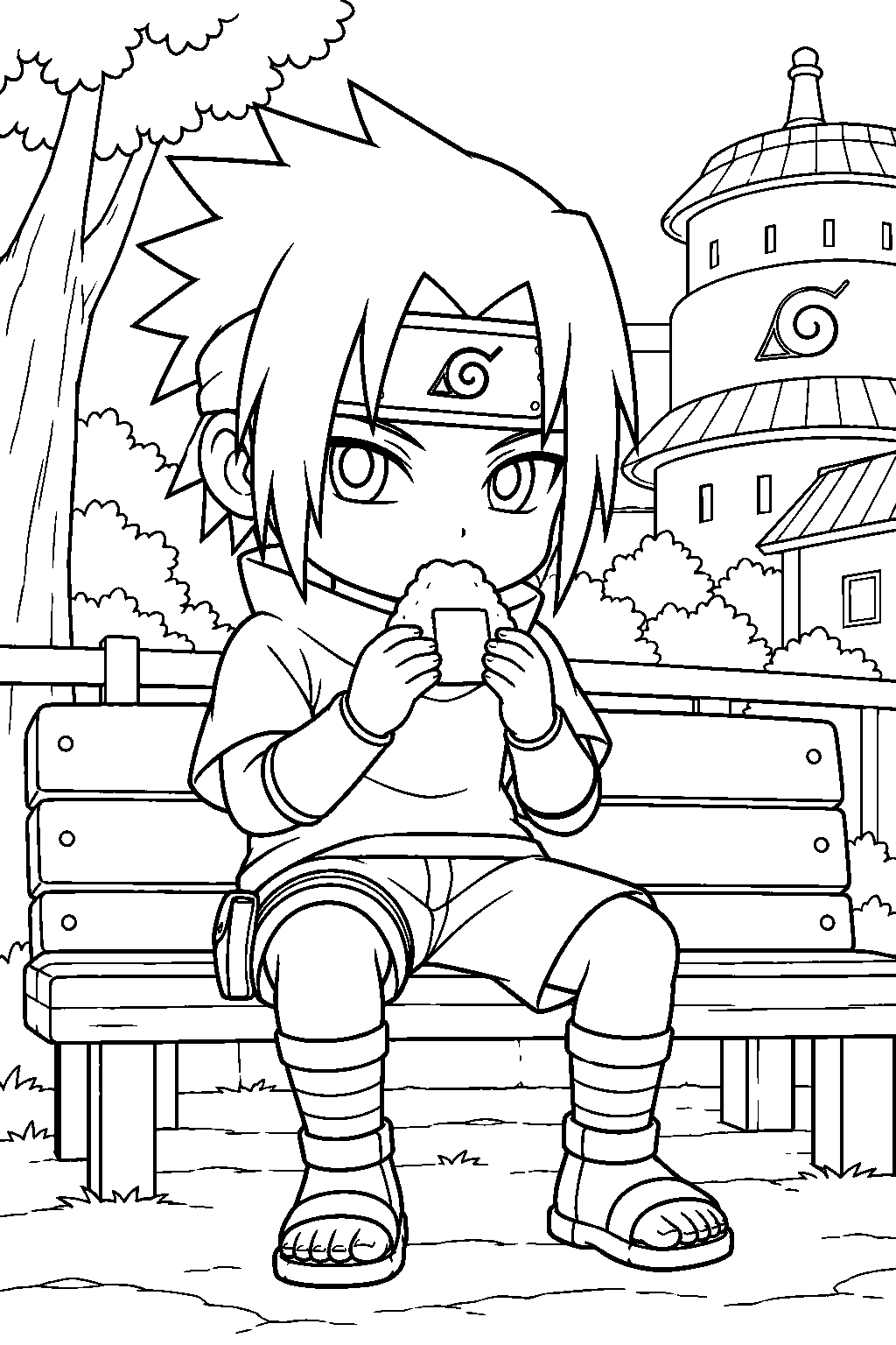 sasuke uchiha in chibi form eating an onigiri rice ball on a village bench line art