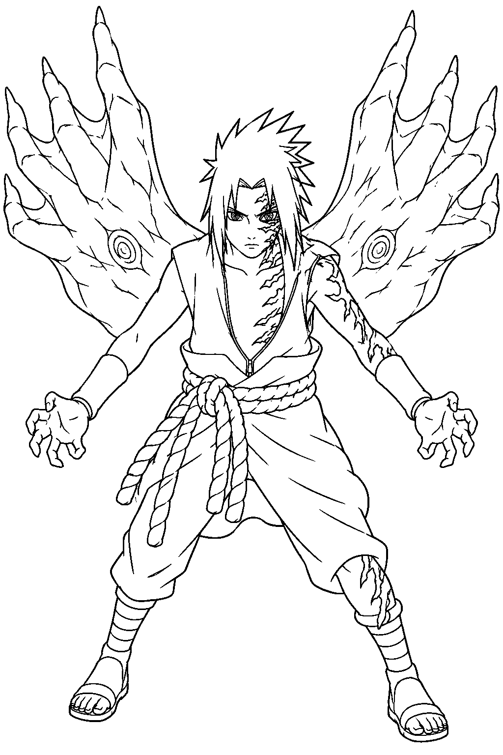 sasuke uchiha in curse mark stage two with his hand shaped wings spread line art