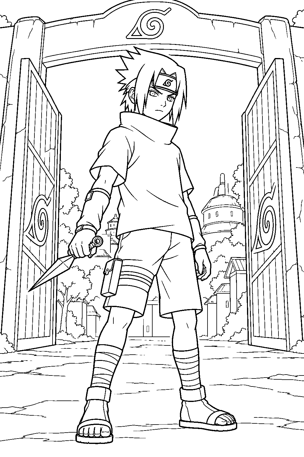 sasuke uchiha in his genin outfit holding a kunai at the hidden leaf gates line art