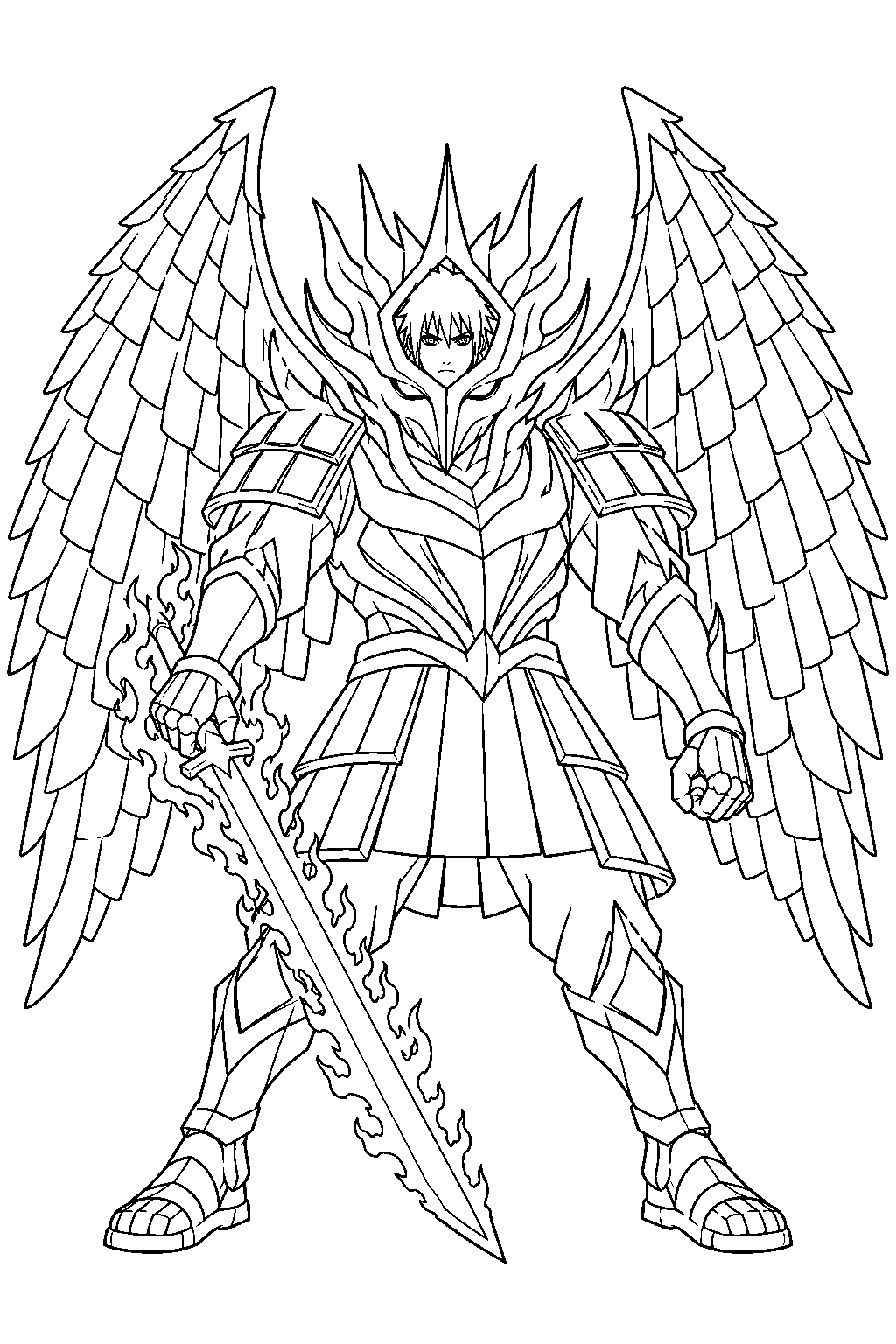 sasuke uchiha inside his winged perfect susanoo holding a chakra sword line art