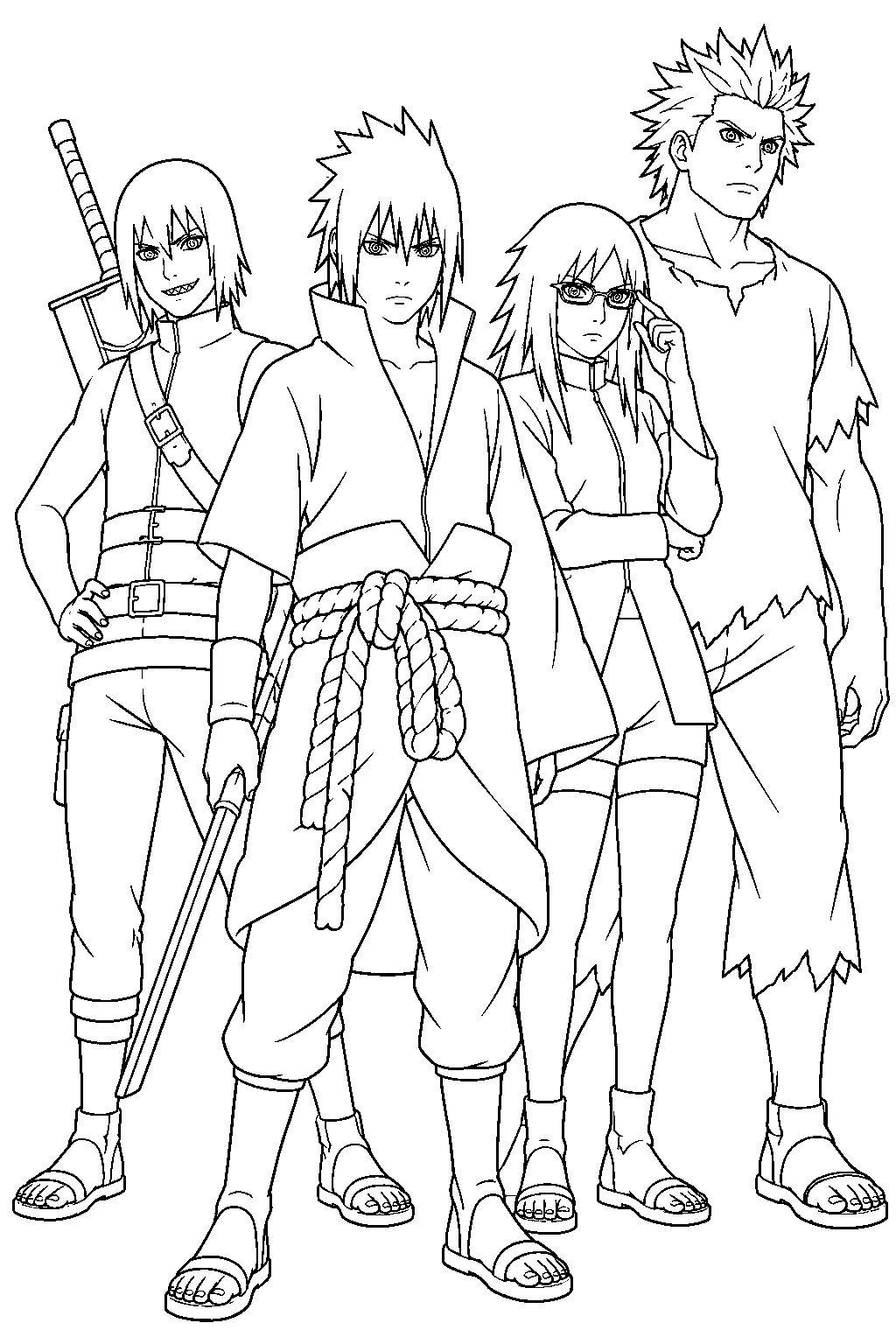 sasuke uchiha leading team hebi with suigetsu karin and jugo line art