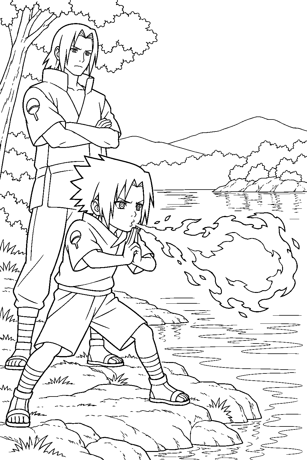 sasuke uchiha learning the fireball jutsu beside fugaku at the lake line art