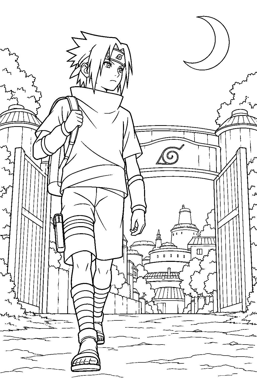sasuke uchiha leaving the hidden leaf village under a crescent moon line art