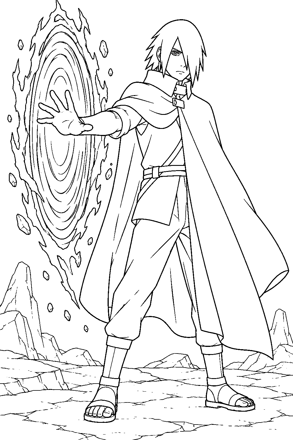 sasuke uchiha opening a rinnegan portal in his adult boruto cloak line art