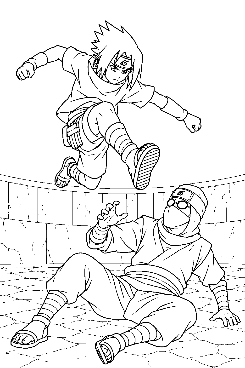sasuke uchiha performing the lion s barrage against yoroi in the chunin exam arena line art