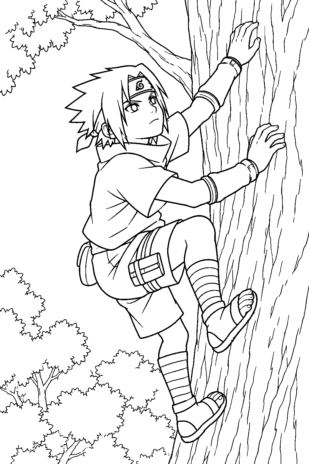 sasuke uchiha practicing chakra tree climbing in the land of waves line art