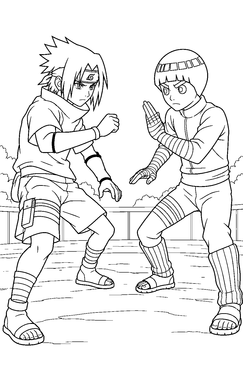sasuke uchiha preparing to spar with rock lee before the chunin exams line art
