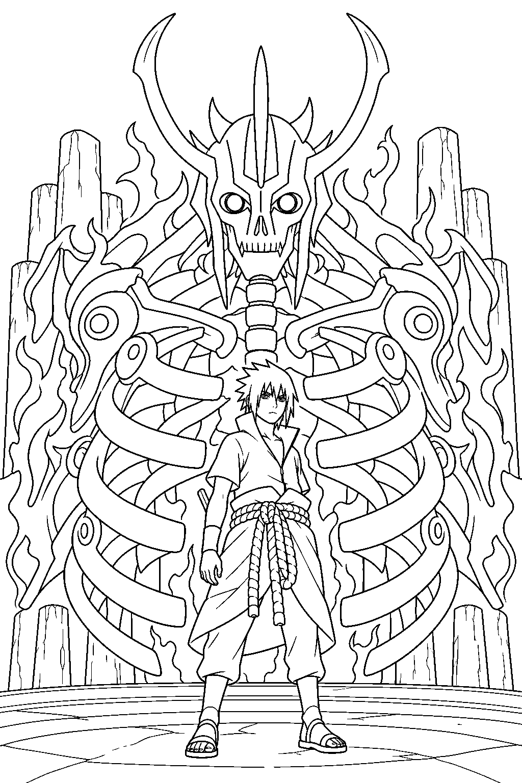sasuke uchiha protected by his susanoo ribcage at the five kage summit line art