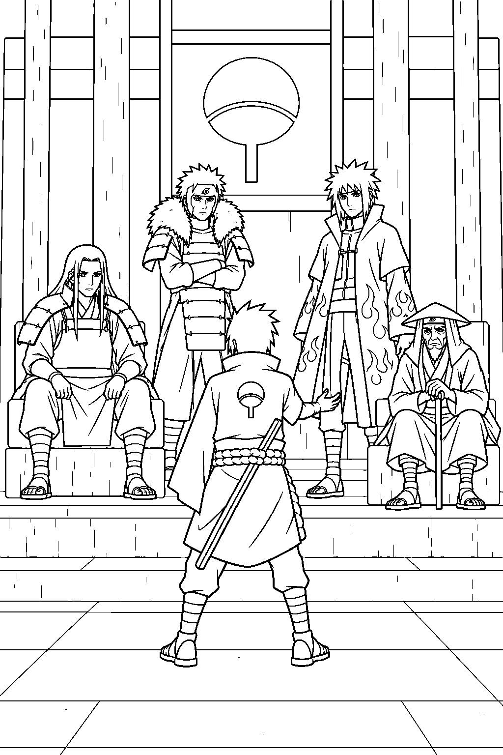 sasuke uchiha questioning the four reanimated hokage in the uchiha shrine line art