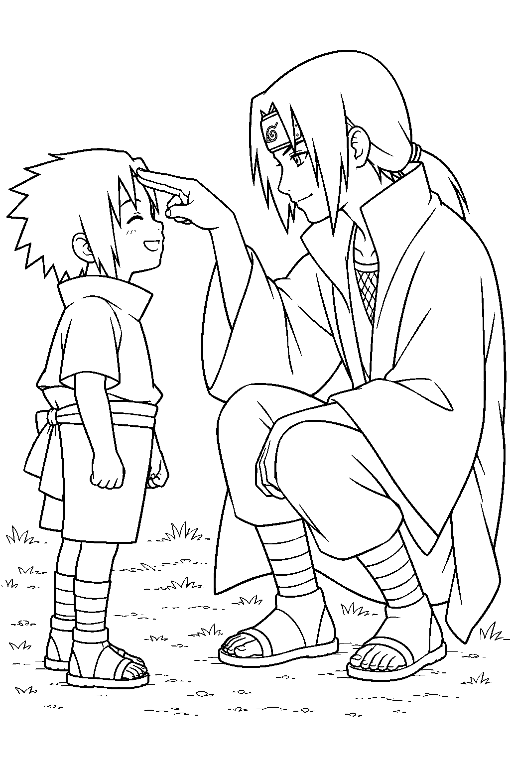 sasuke uchiha receiving itachi s forehead poke as a little boy line art