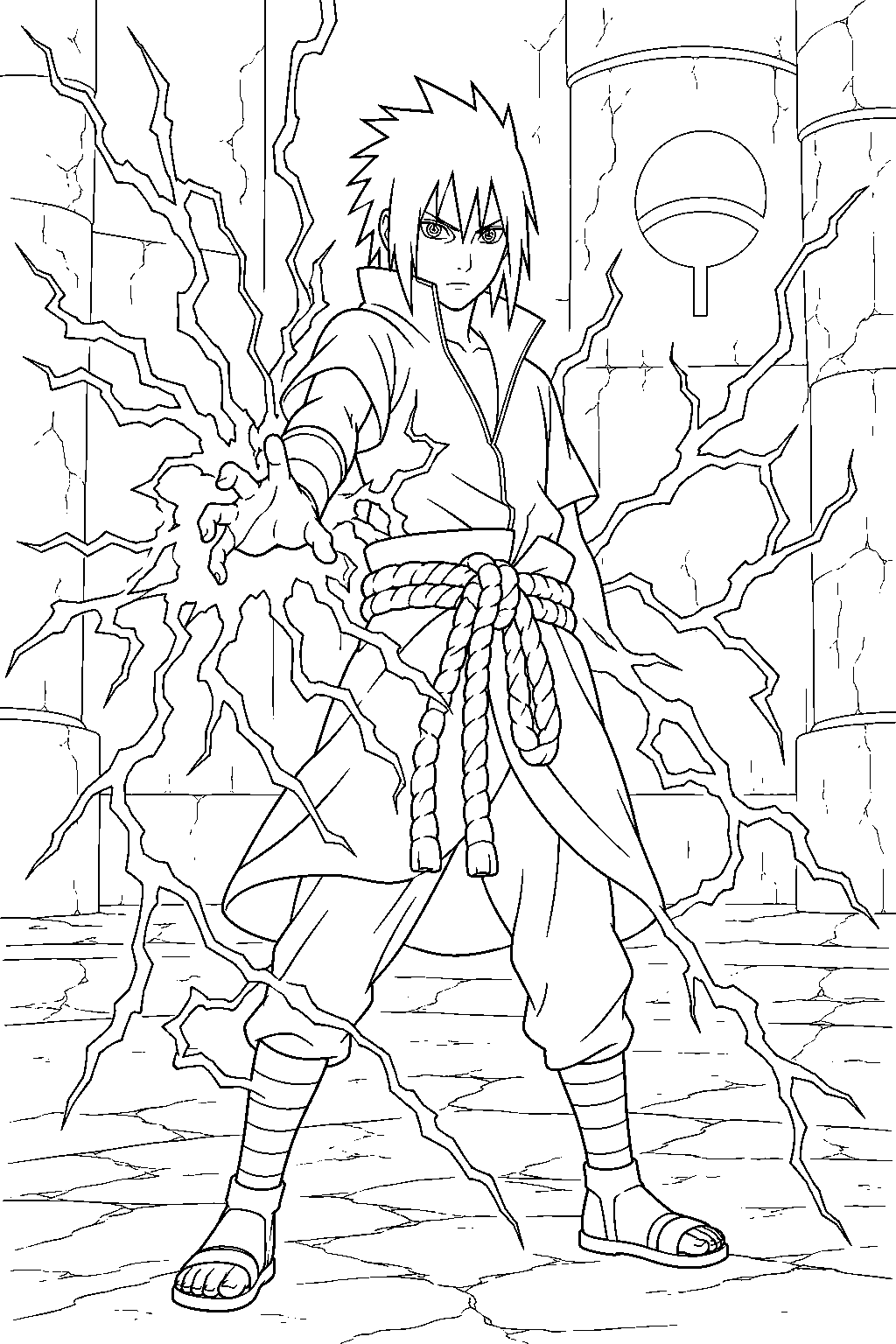 sasuke uchiha releasing chidori stream around him in orochimaru s hideout line art