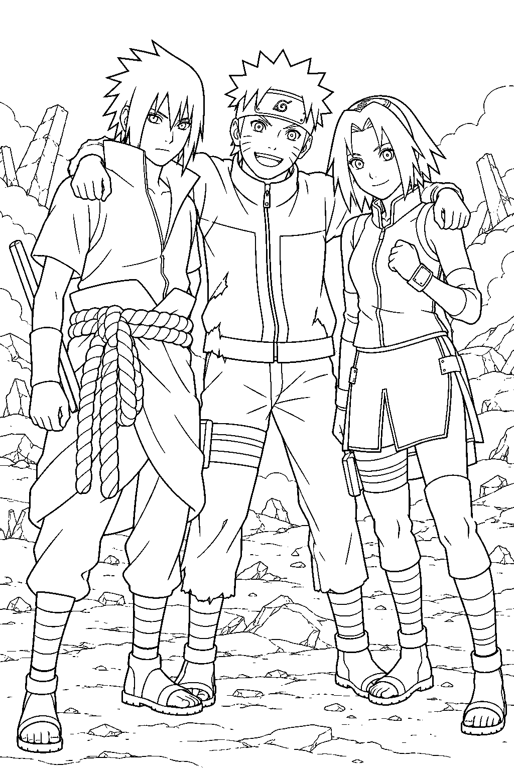 sasuke uchiha reuniting with naruto and sakura on the fourth great ninja war battlefield line art
