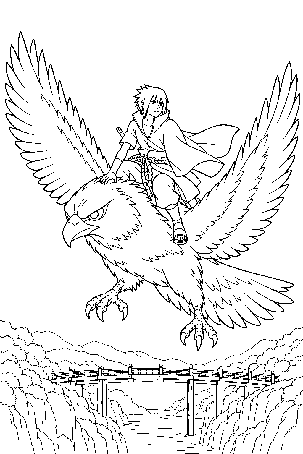 sasuke uchiha riding his summoned hawk above the samurai bridge line art