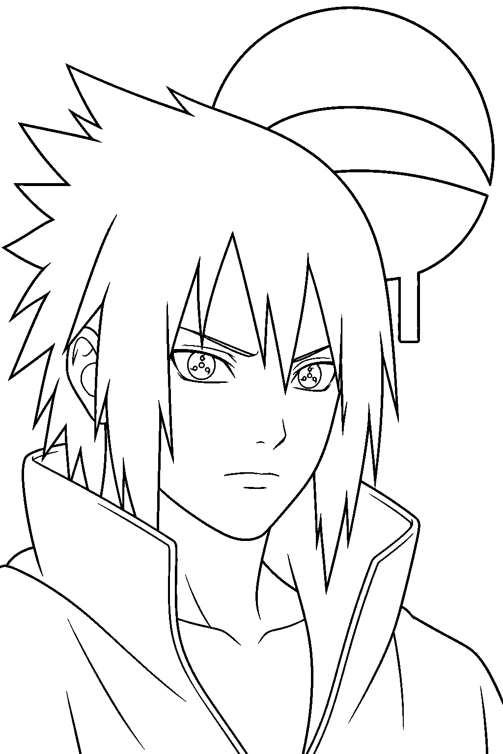 sasuke uchiha sharingan portrait with the uchiha fan crest behind him line art
