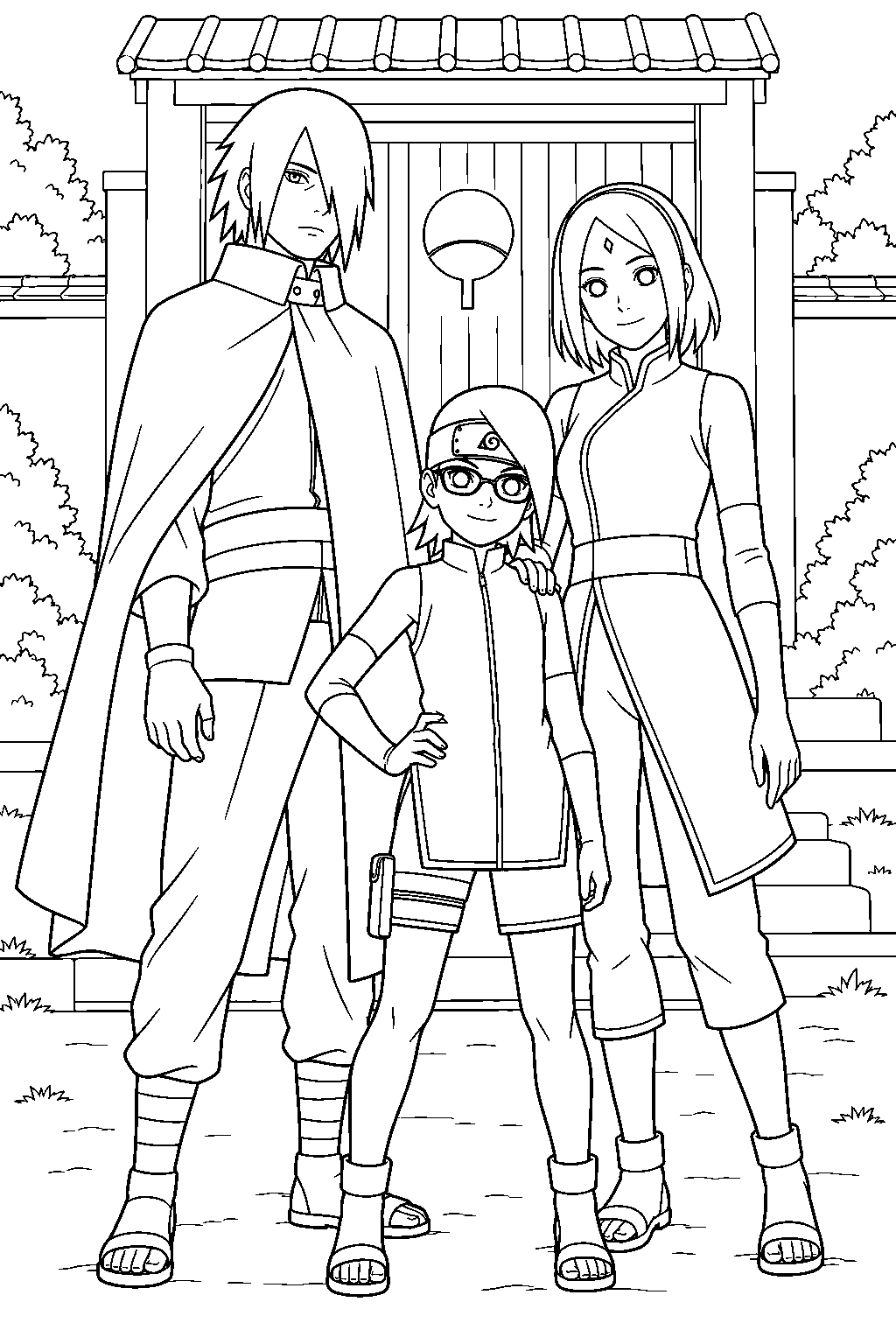 sasuke uchiha standing with sakura and sarada outside the uchiha family home line art