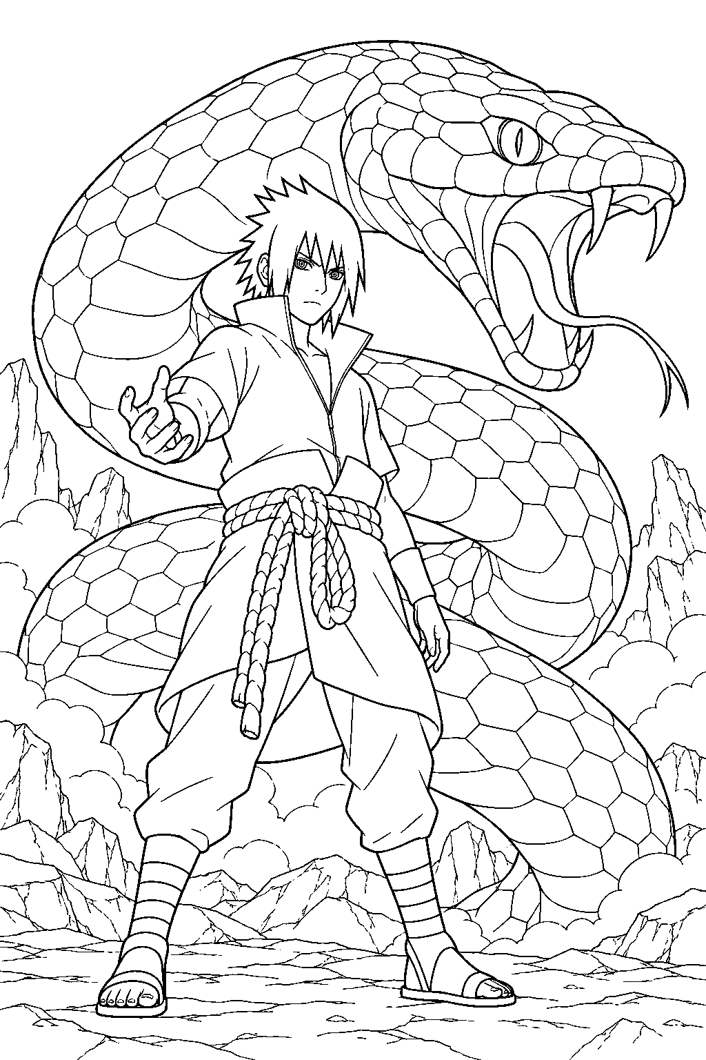 sasuke uchiha summoning aoda on the fourth great ninja war battlefield line art
