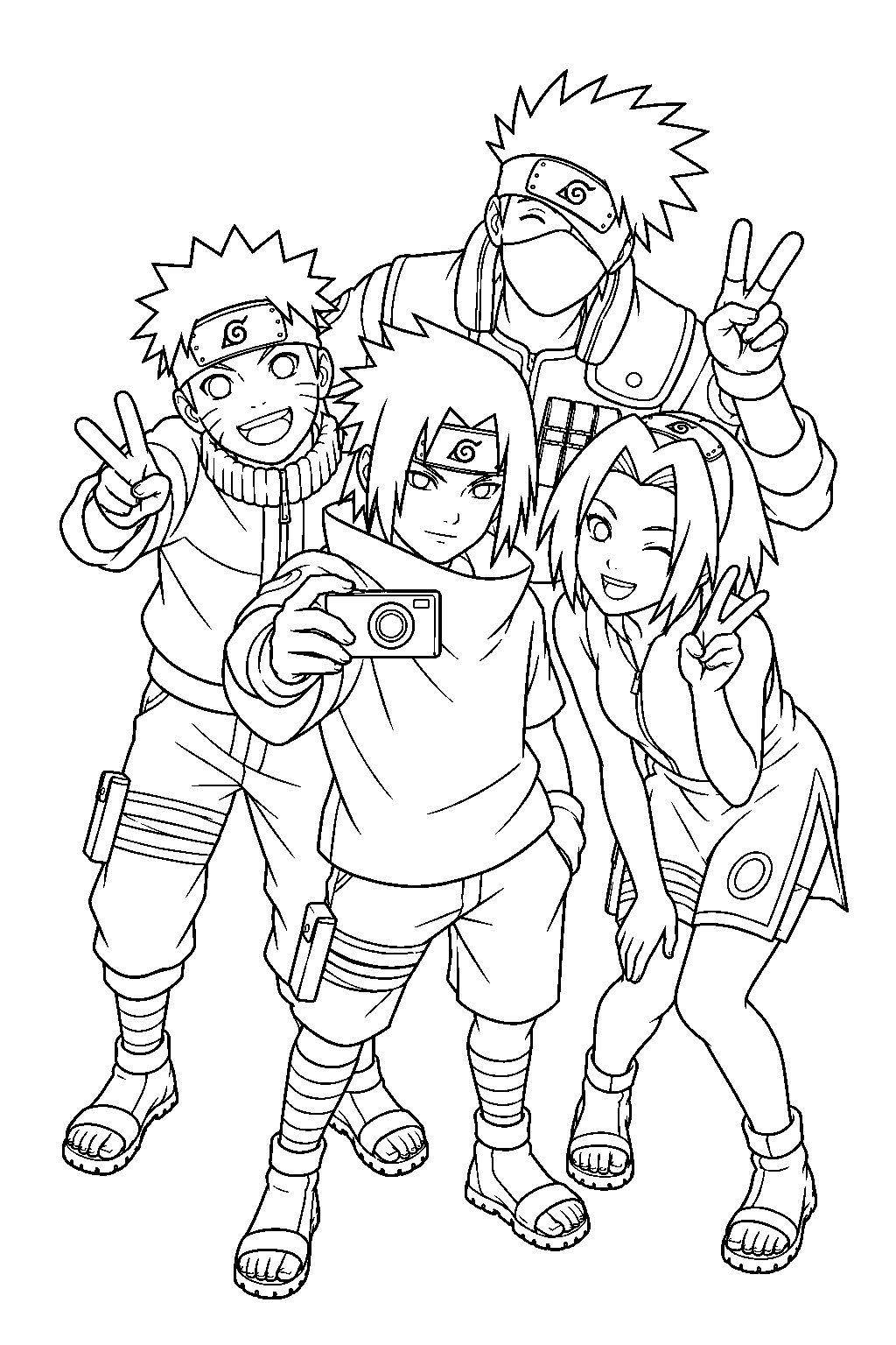sasuke uchiha taking team 7 s first photograph with naruto sakura and kakashi line art