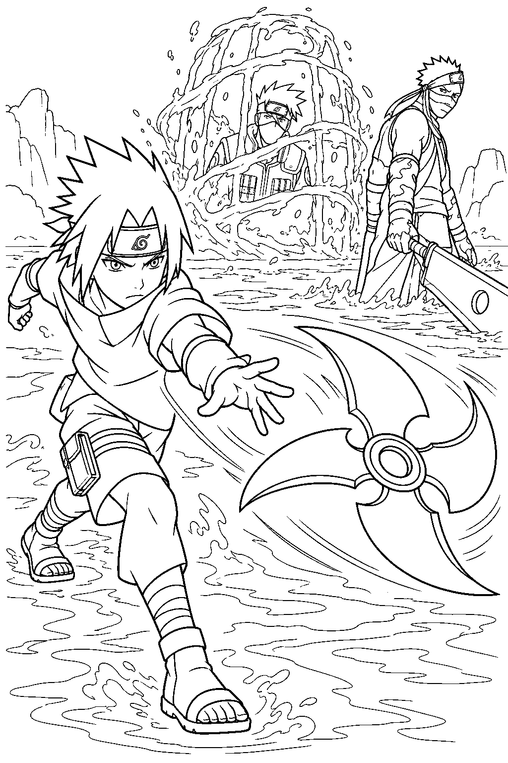sasuke uchiha throwing a demon wind shuriken to rescue kakashi from zabuza line art