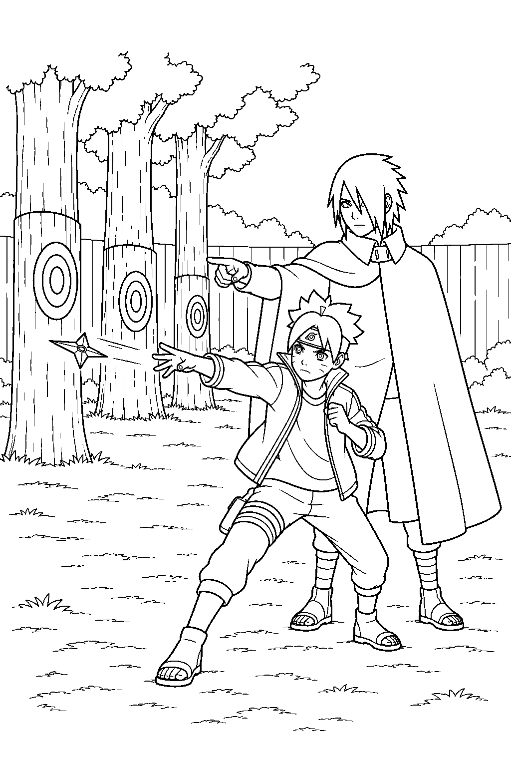 sasuke uchiha training boruto with shuriken at the practice ground line art