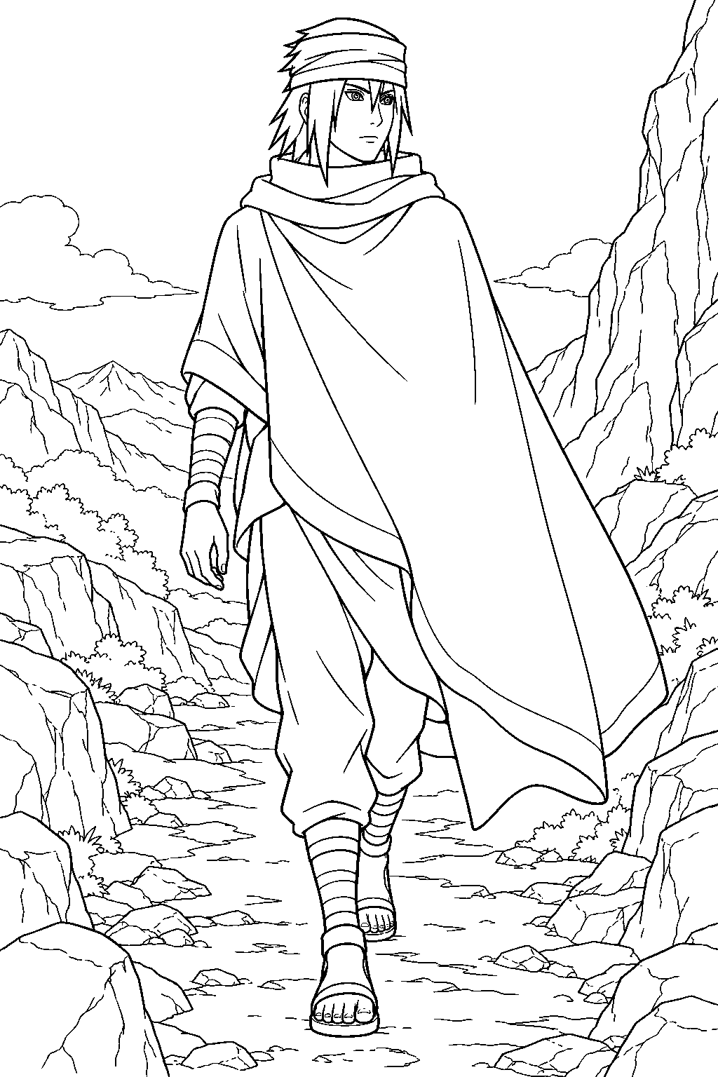 sasuke uchiha traveling in his the last outfit with a head wrap and cloak line art
