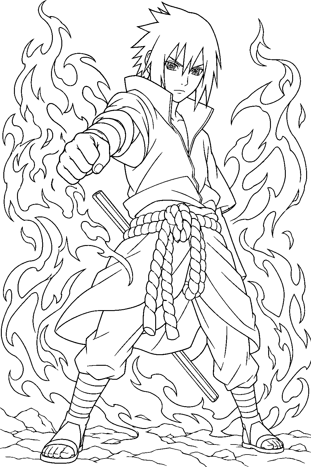 sasuke uchiha unleashing amaterasu with his mangekyo sharingan line art
