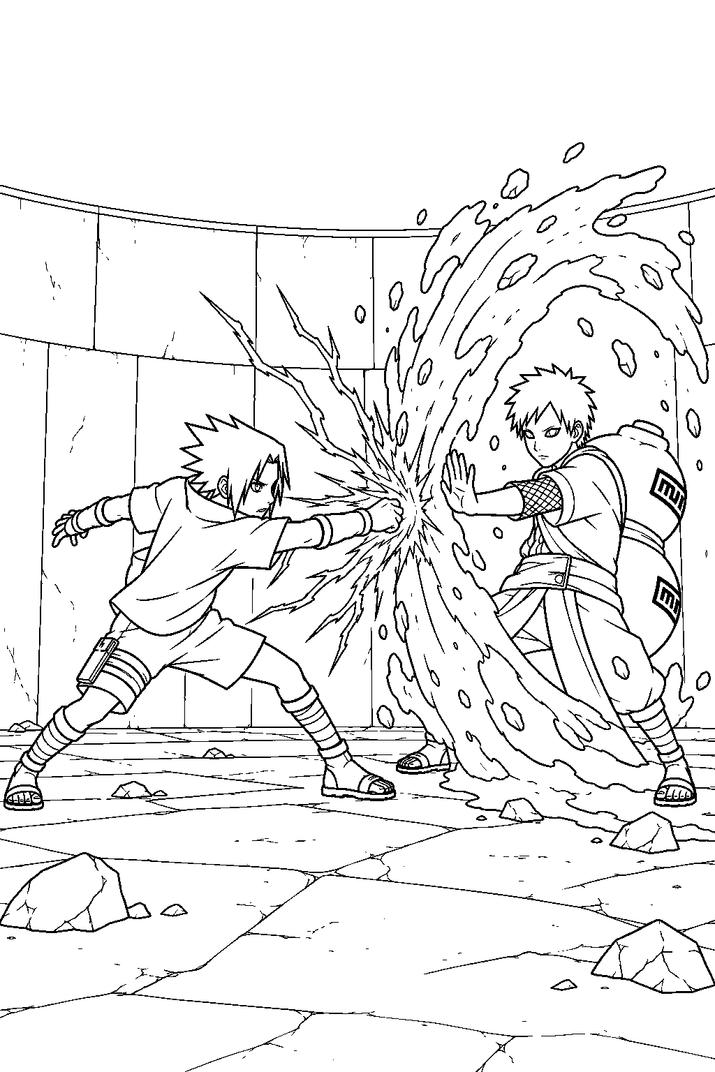 sasuke uchiha using chidori against gaara s sand shield in the chunin exam arena line art