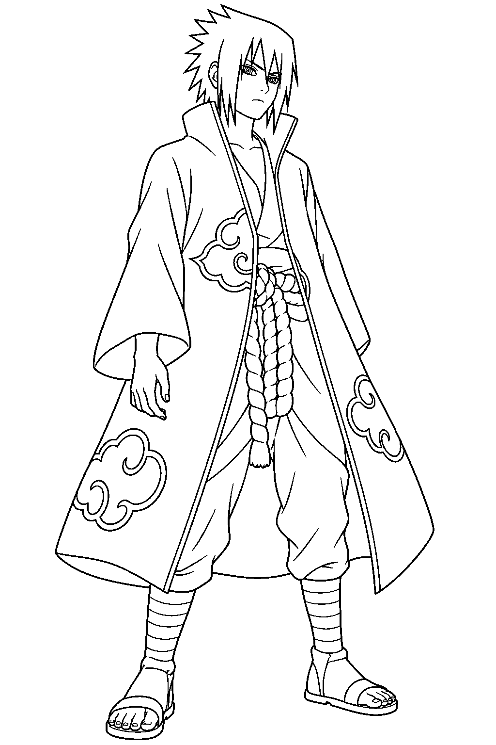 sasuke uchiha wearing his akatsuki cloak with its cloud emblems line art