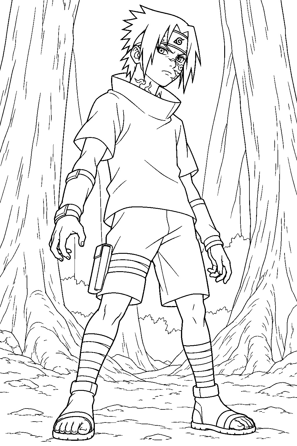 sasuke uchiha with his curse mark spreading across his face in the forest of death line art