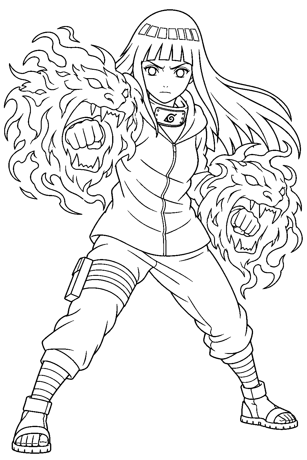naruto hinata hyuga using twin lion fists line art