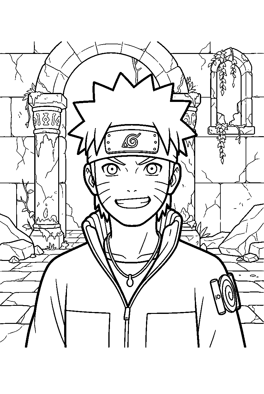 naruto in abandoned temple line art
