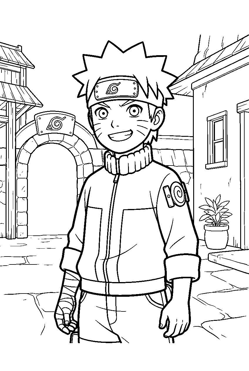 naruto in academy courtyard line art