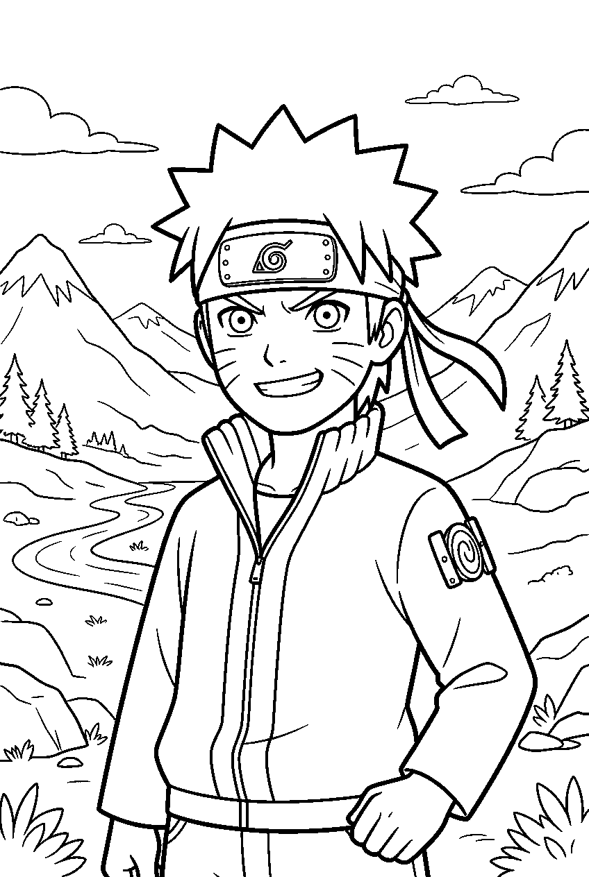 naruto in mountain valley line art