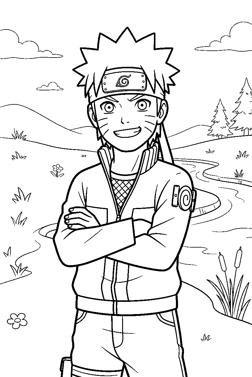 naruto in riverside meadow line art