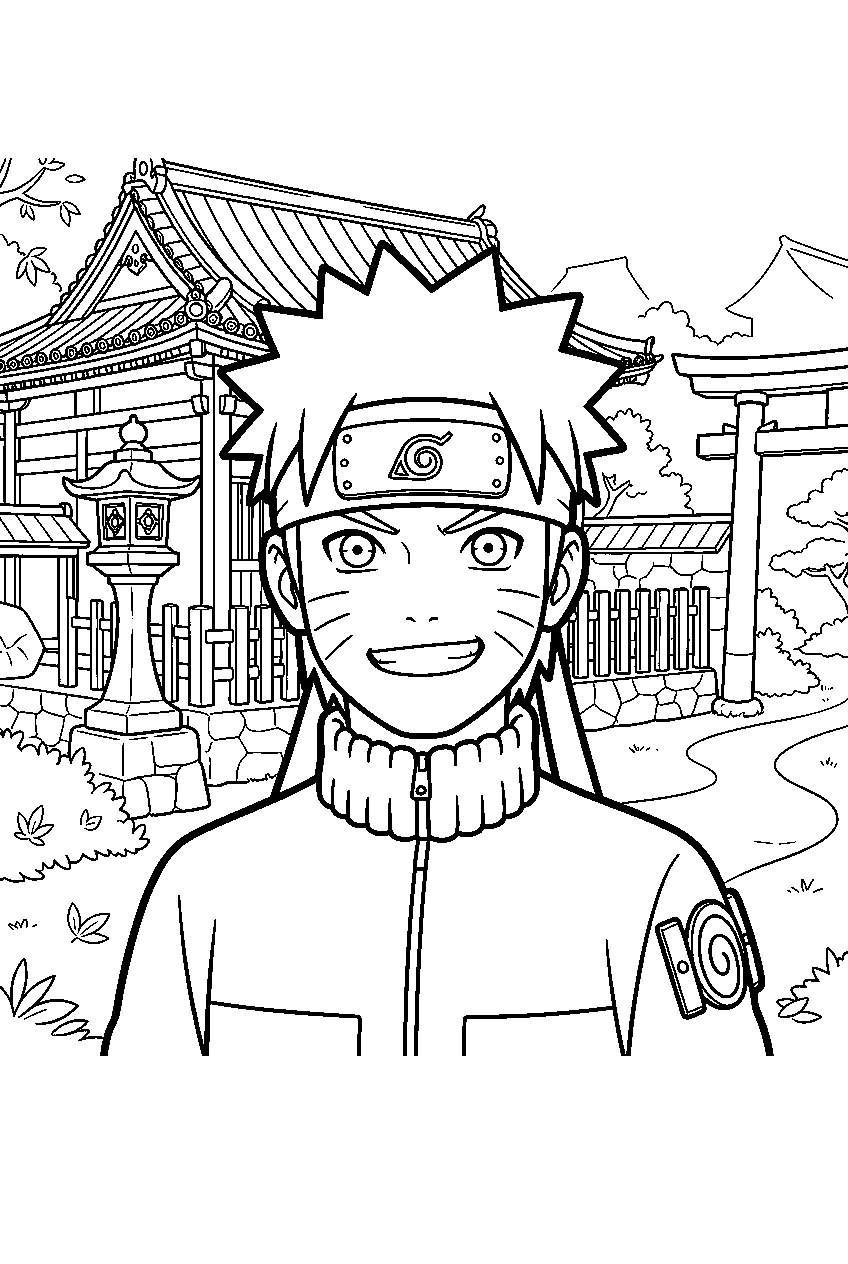 naruto in temple courtyard line art
