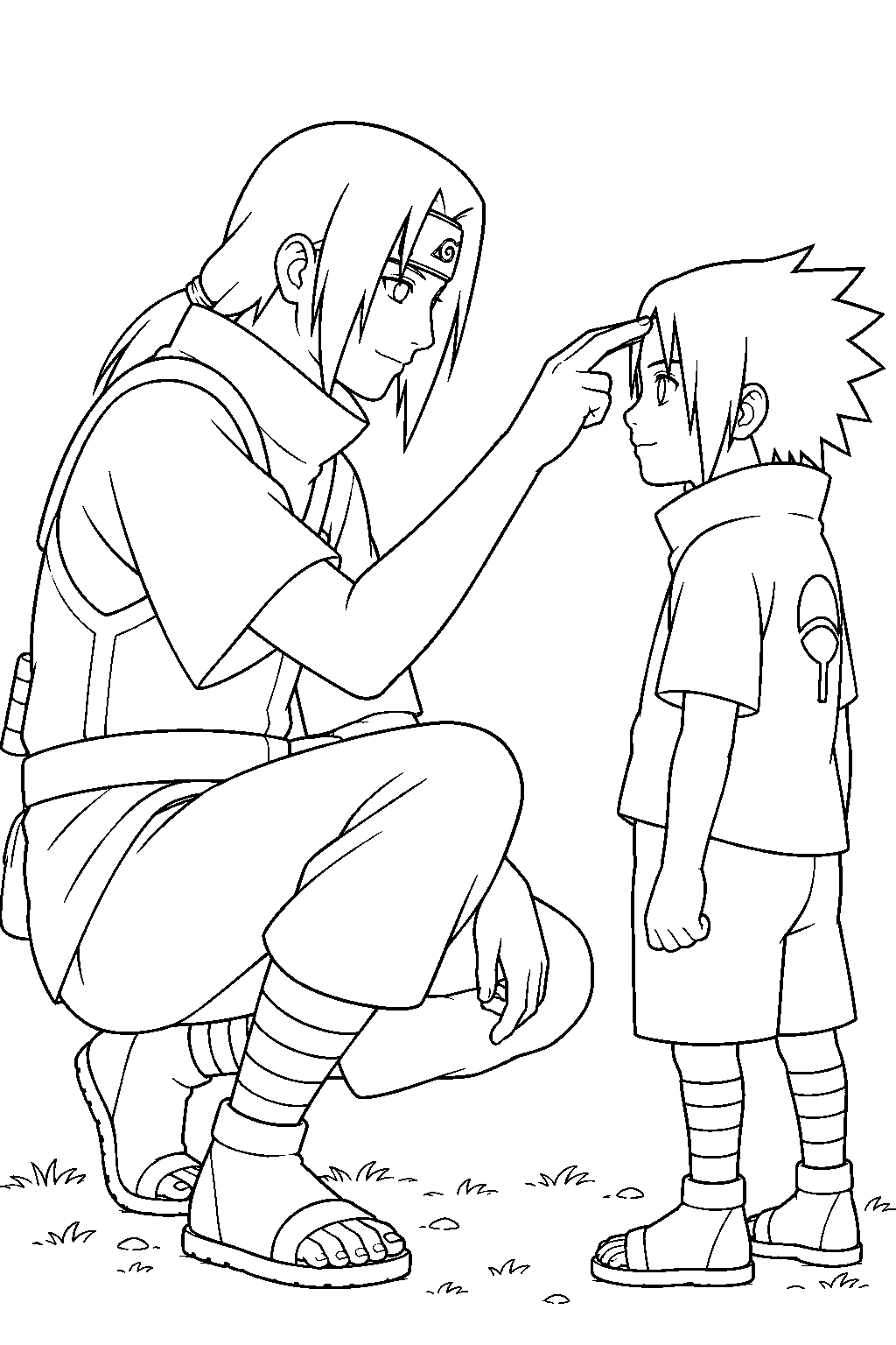 naruto itachi uchiha gently tapping young sasuke on the forehead line art