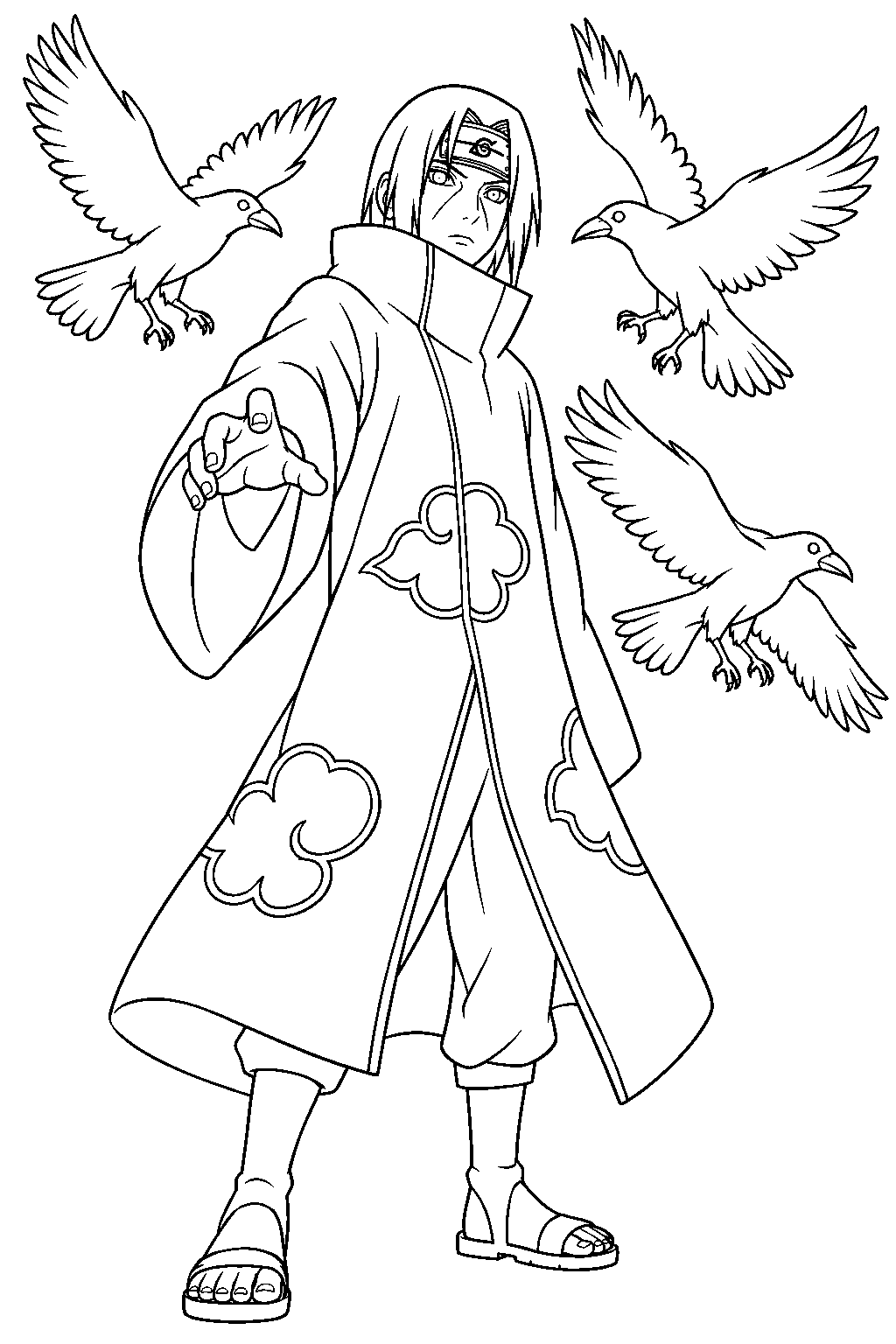 naruto itachi uchiha wearing his akatsuki cloak with crows flying around him line art
