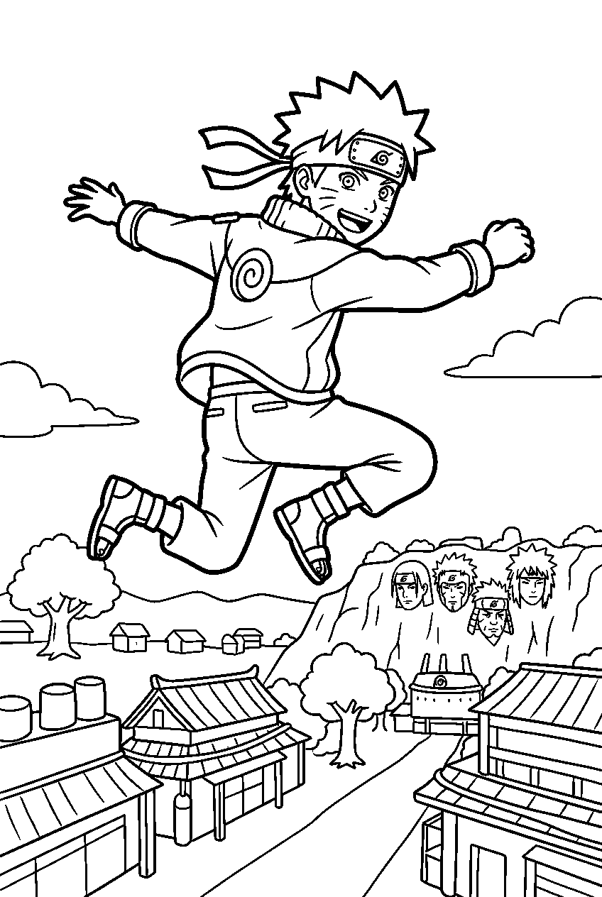 naruto jumping in hidden leaf village line art