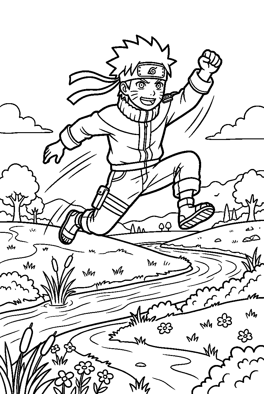 naruto jumping in riverside meadow line art