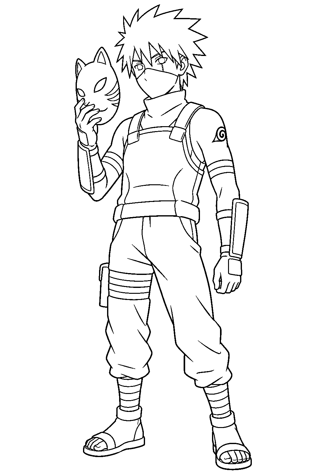 naruto kakashi hatake wearing his anbu uniform and holding his mask line art
