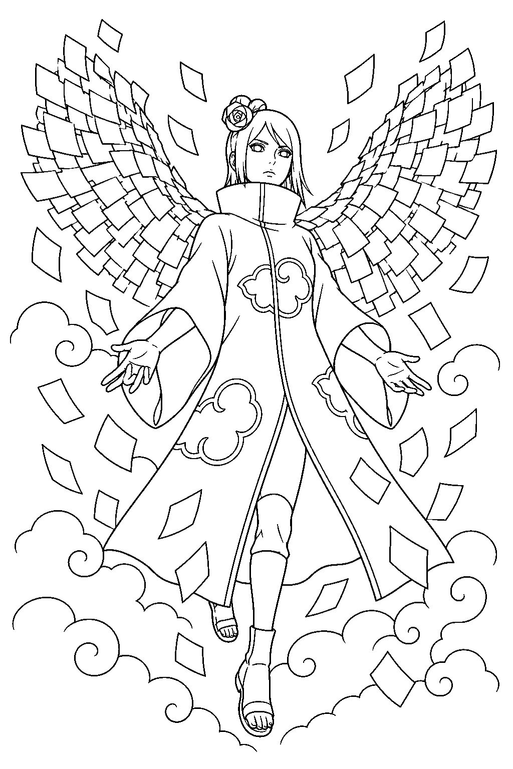 naruto konan forming wings from sheets of paper line art