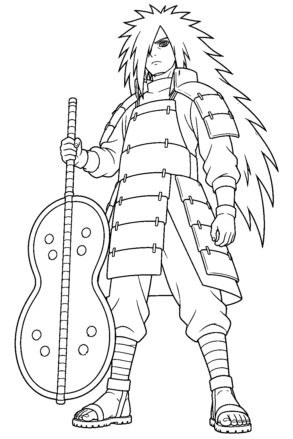 naruto madara uchiha wearing battle armor and holding his gunbai fan line art