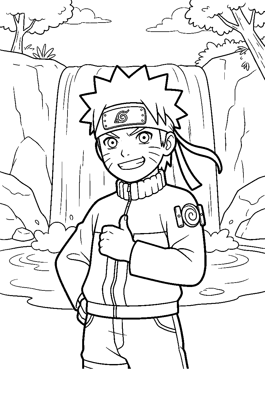 naruto near waterfall line art