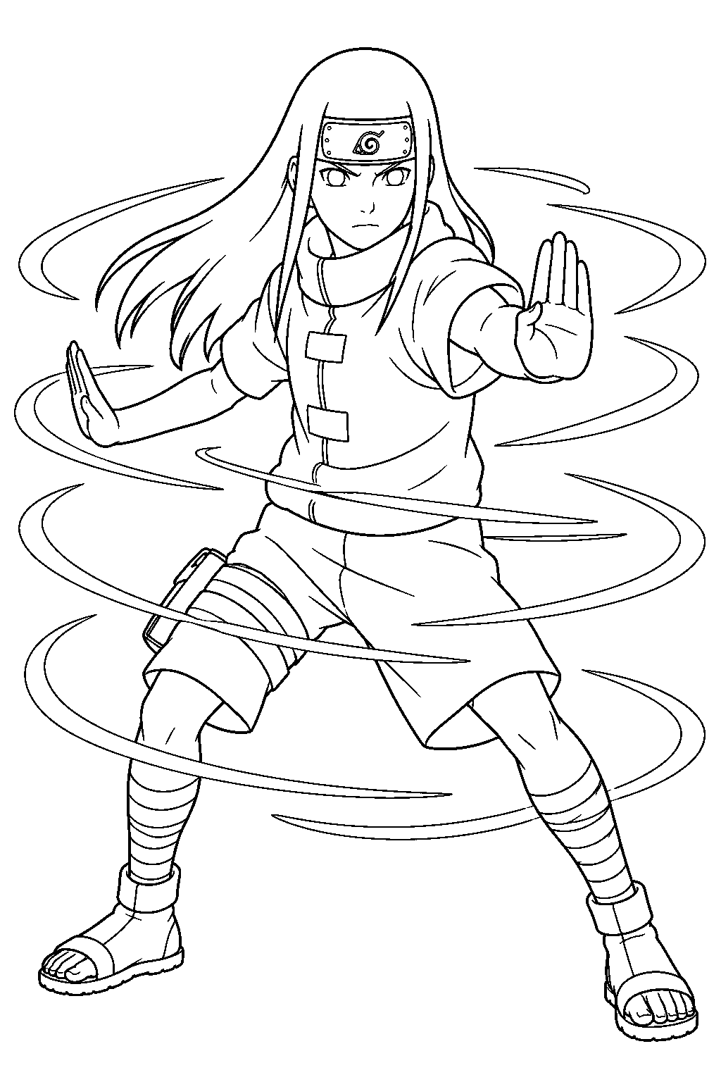 naruto neji hyuga performing eight trigrams palm rotation line art