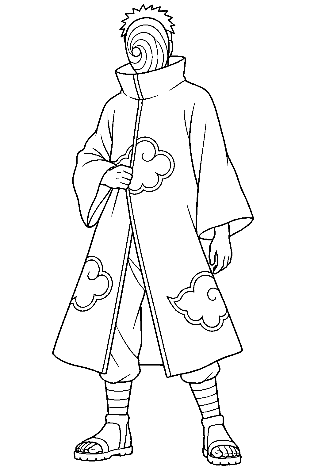 naruto obito uchiha wearing his spiral mask and akatsuki cloak line art