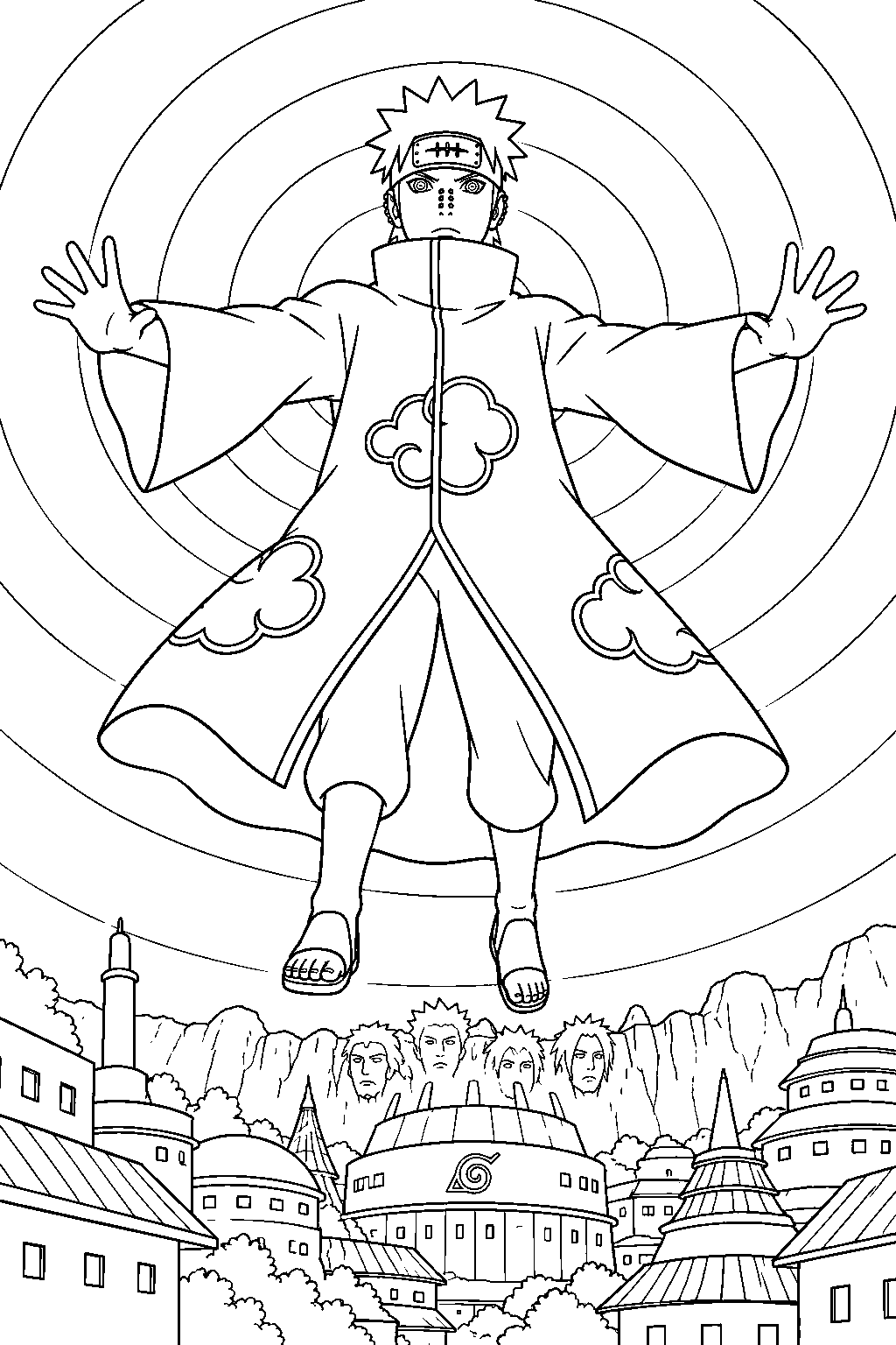 naruto pain using almighty push above the hidden leaf village line art