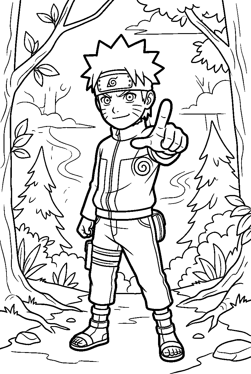 naruto pointing in misty forest line art